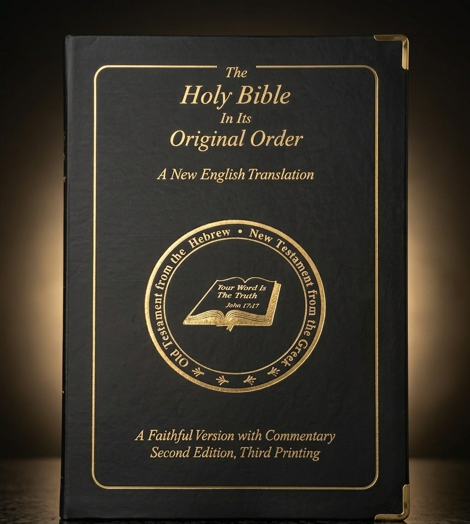 The Holy Bible In Its Original Order — A Faithful Version with Commentary — Second Edition, Third Printing — Calfskin cover with gold-stamped lettering, gold corner brackets, and gold circular seal